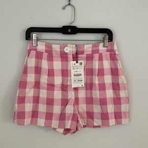 NWT Zara PLEATED CHECKERED SHORTS pink white size S